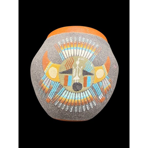 Vtg Native American Navajo Sand Art Decorative Pottery Vase Signed JR Whiterock - Picture 1 of 7